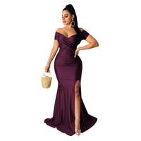 Nightclub V-neck Formal Dress In Solid Color With A High Slit And Short Sleeves
