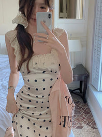 Polka-dot Lace Maxi Slip Dress With A Defined Waistline
