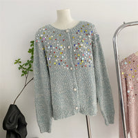 Sweet Design Idle Style Sequined Sweater For Women Spring And Autumn New Knitted Cardigan Outerwear Top
