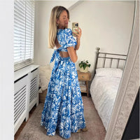 Womens Midriff-baring Backless Lace-up Printed Dress