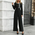 Retro Contrasting Color Waist-Cinched Wide-Leg Long-Sleeve Jumpsuit For Women