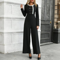 Retro Contrasting Color Waist-Cinched Wide-Leg Long-Sleeve Jumpsuit For Women