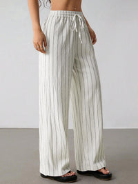 Women's Casual Striped Drawstring Elastic Waist Contrasting Color Wide Leg Pants