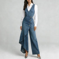 Western-style V-neck Asymmetrical Denim Jumpsuit