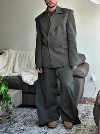 Olive Green Oversized Three-Piece Suit With Blazer, Waistcoat And Wide-Leg Pants