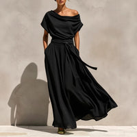 Short-sleeve Pleated Chiffon Waist-cinching Dress