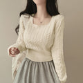 Retro Twist Knitted Sweater Single Row Button Square Collar Solid Color Underwear Top