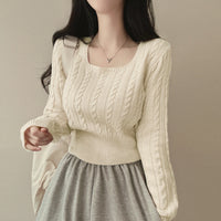 Retro Twist Knitted Sweater Single Row Button Square Collar Solid Color Underwear Top