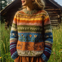 Womens Crew-Neck Sweater With Striped Paneling