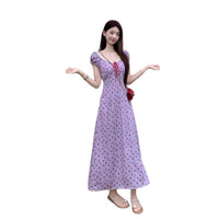 French-style Retro Lace V-neck Purple Floral Dress For Women