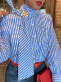Blue & White Striped Removable Bow Tie Long Sleeve Shirt