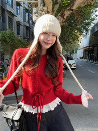 Womens Solid-Color Defined-Waistline Lace-Patchwork Sweater