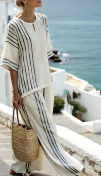 Round Neck Striped Short Sleeve Cotton And Linen Top Casual Pants Women's 2-piece Set