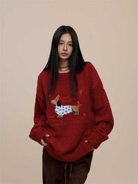 Christmas Red Couple's Sausage Dog Towel Embroidered Sweater
