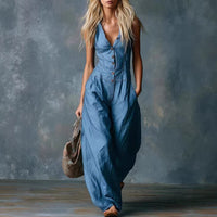 Retro Casual V-Neck Front-Button Sleeveless Jumpsuit For Women