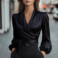 Womens Solid-Color V-Neck Elegant Satin-Bonded Shirt