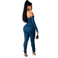 Women's Off-Shoulder Strappy Denim Jumpsuit