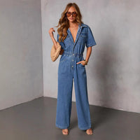 Fashionable Casual Loose It Straight Leg Denim Jumpsuit