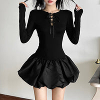 Womens Fashion Patchwork Lace-Up Long-Sleeve Dress
