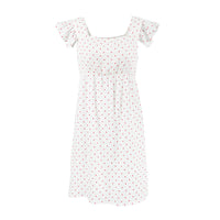White Sleeveless Dress With Heart Print And Ruffle Trim