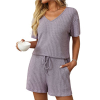 Solid-color Ribbed Sleepwear Short-sleeve Loungewear Set