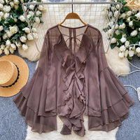 Ruffled Trim Single-Breasted Flared Sleeve Womens Chiffon Blouse