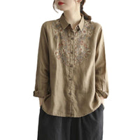 Womens Stylish, Loose-fitting Cotton-linen Long-sleeve Embroidered Shirt