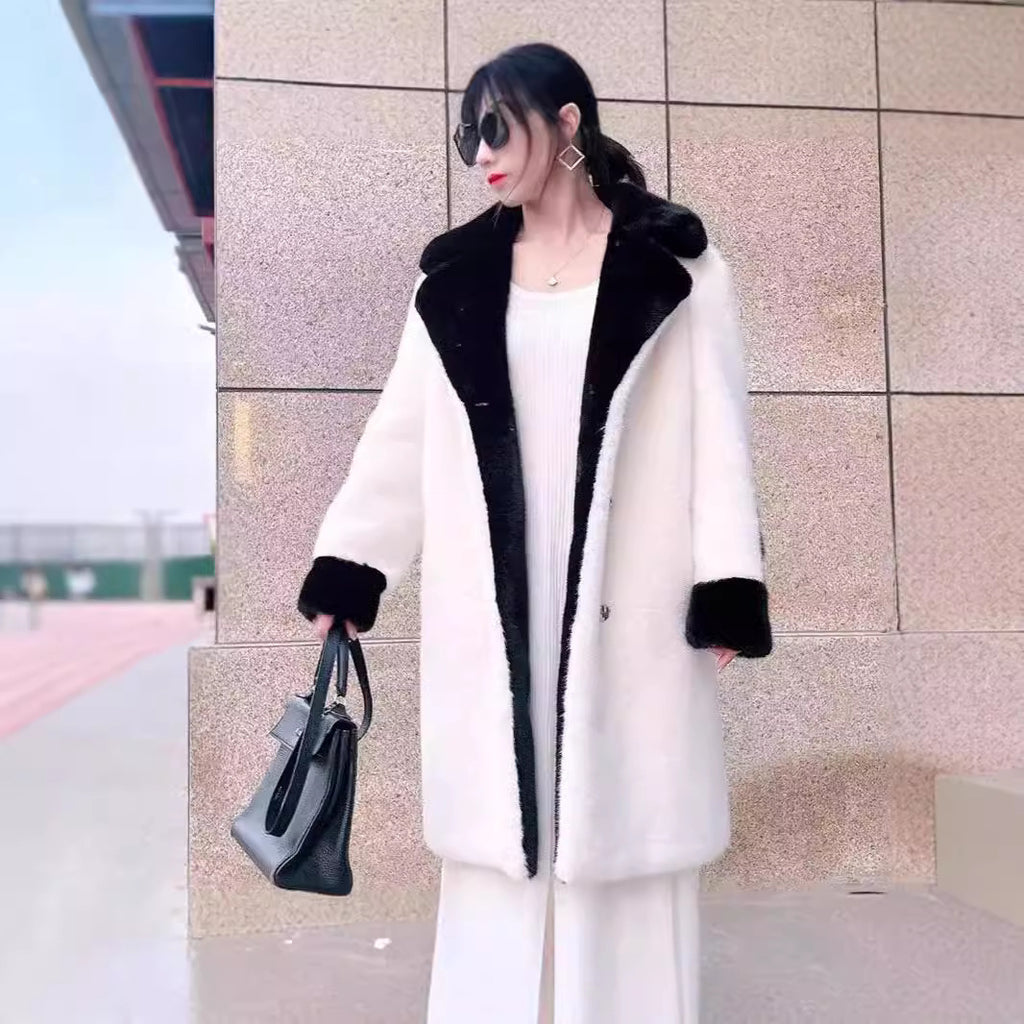 V-neck Large Lapel Contrast Color Long Coat