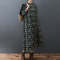 Womens Loose Forest-Style Long-Sleeve Stand-Neck Printed Dress