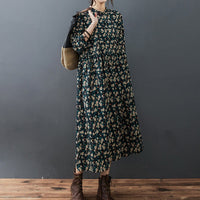 Womens Loose Forest-Style Long-Sleeve Stand-Neck Printed Dress