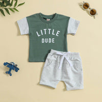 Children's Round Neck Letter Print Top Solid Color Shorts Two-piece Set