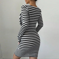 Elegant Striped Boat-neck Gugufeng-style Dress