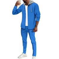 Men's Casual Hooded Color Block Long Sleeve Cardigan Jacket Trousers Suit