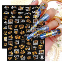 3D Adhesive Nail Sticker Laser Golden Maple Leaf Letter Fan
