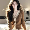 Maillard Brown Lace-Trimmed V-Neck Knitted Cardigan Sweater