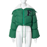 Letter Fur Collar Zipper Drawstring Women's Casual Cotton-padded Jacket Top