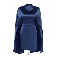 High-neck Cloak-style Lace-up Asymmetrical Long-sleeve Waist-cinching Dress For Women