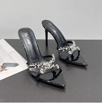 Water Diamond Sandals For Women With One Belt, Thin Heels, Half Slippers For Women, Lacquered Leather Cross Belt, High Heels, Cool Slippers