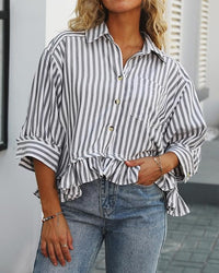 Women's Casual Loose Striped Shirt With Ruffled Hem And Short Sleeves