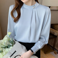 Satin Shirt Women Long Sleeve Beaded Solid Color Loose