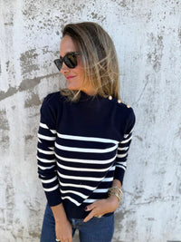 Striped Turtleneck Buttons Women's Knitted Sweater Top