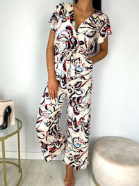 New V-Neck Sleeveless Ruffle Print Jumpsuit