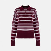 Striped Sweater Retro Contrast Color Striped Polo Collar Knitted T-shirt