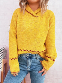 Simple Commute Half Turtleneck Lapel Contrast Color Knitted Pullover Sweater