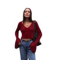 Women's Clothes Sexy Cutout Bell Sleeve Solid Color Short Knitted Top