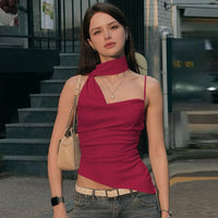 Womens Allure-Style Halterneck Flowy Strap Solid-Color One-Shoulder Camisole Top