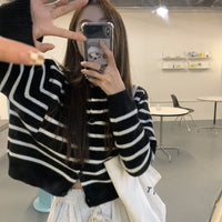 Green Striped Sweater Open Autumn Inner Wear Blouse Long Sleeve Cardigan Retro Cropped Sweater Coat Women
