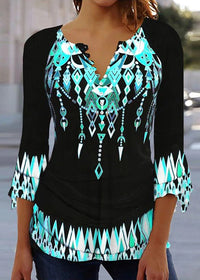 Women's Floral Printed 34 Sleeves V-neck Buttons Shirt