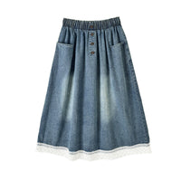 Summer New Plus Size Loose Slimming Plump Girls Stitching Lace Denim Skirt