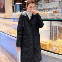 All-matching Cotton-padded Women's Over-the-knee Rhombus Plaid Loose Plus Size Hooded Jacket